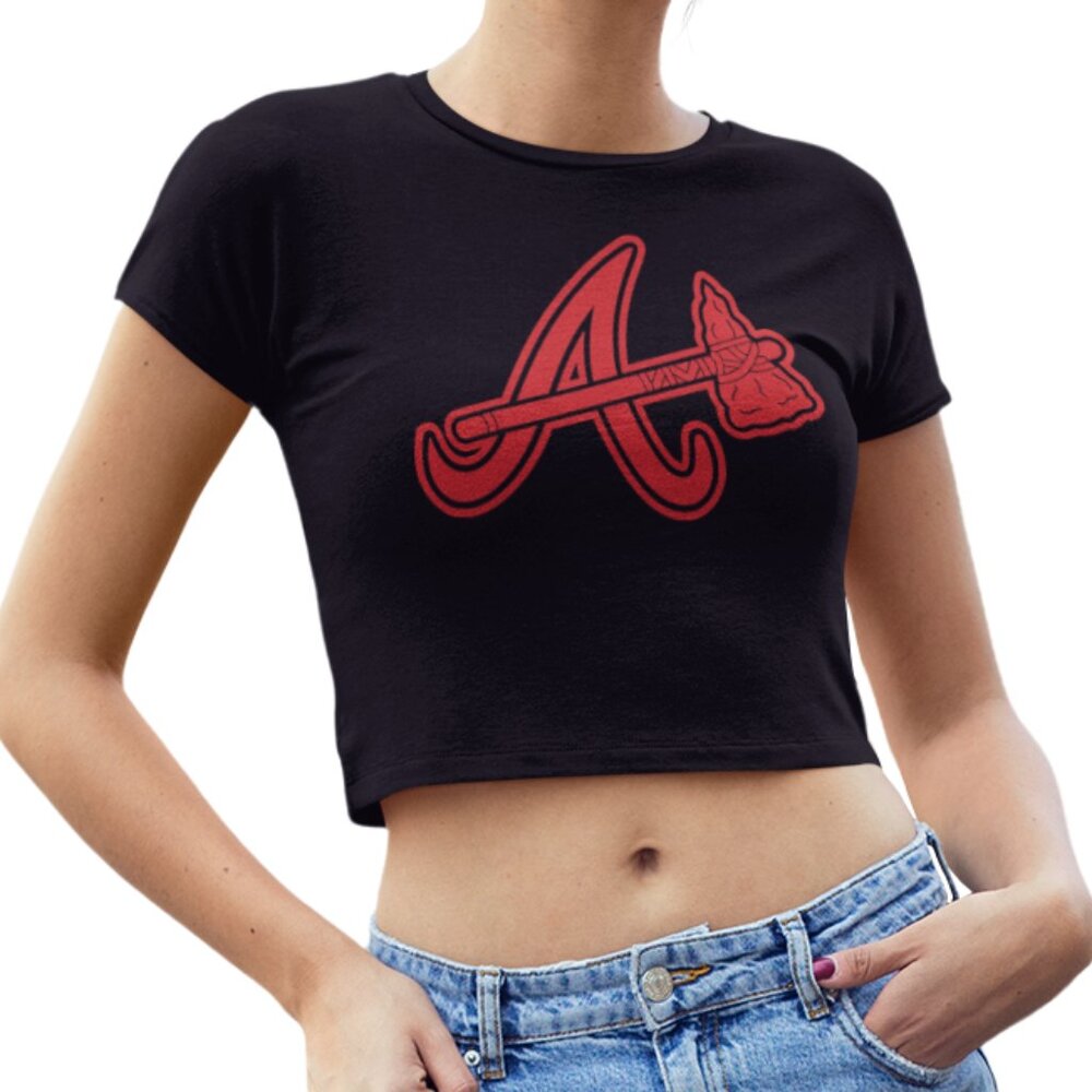 NEW Atlanta Braves Axe A Team Color Pop Form Fit Crop Top Shirt BLACK